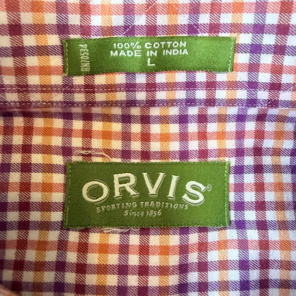 Orvis Mens Large Cotton Gingham Check Button Down Shirt Purple Orange Plaid L - Picture 4 of 6